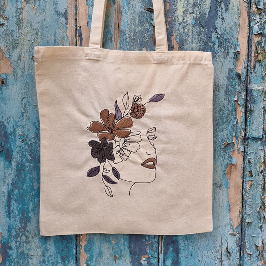 Line Art Lady With Coloured Floral Headband | Embroidered Tote Bag