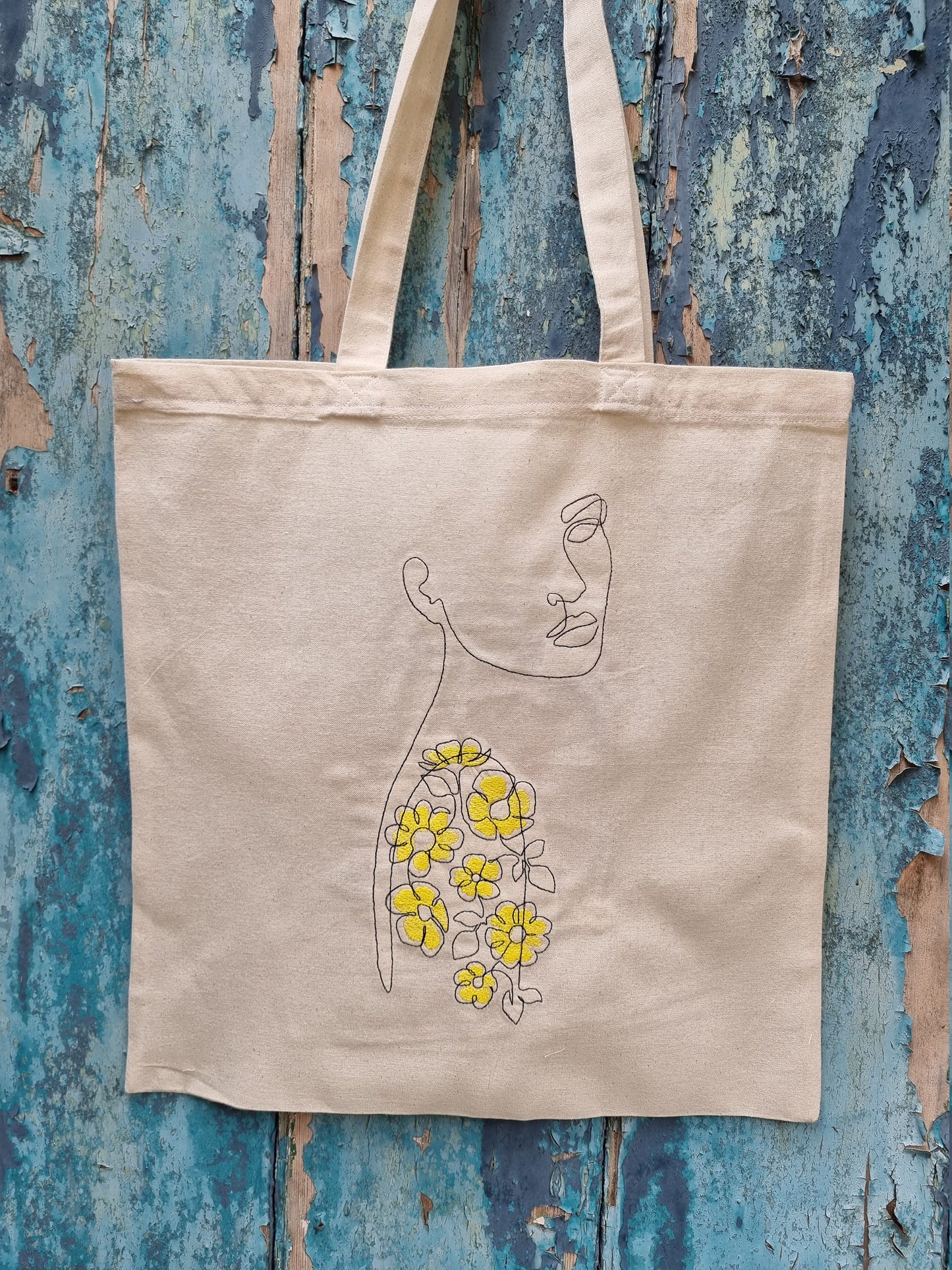 Line Art Lady With Flower Tattoo | Embroidered Tote Bag