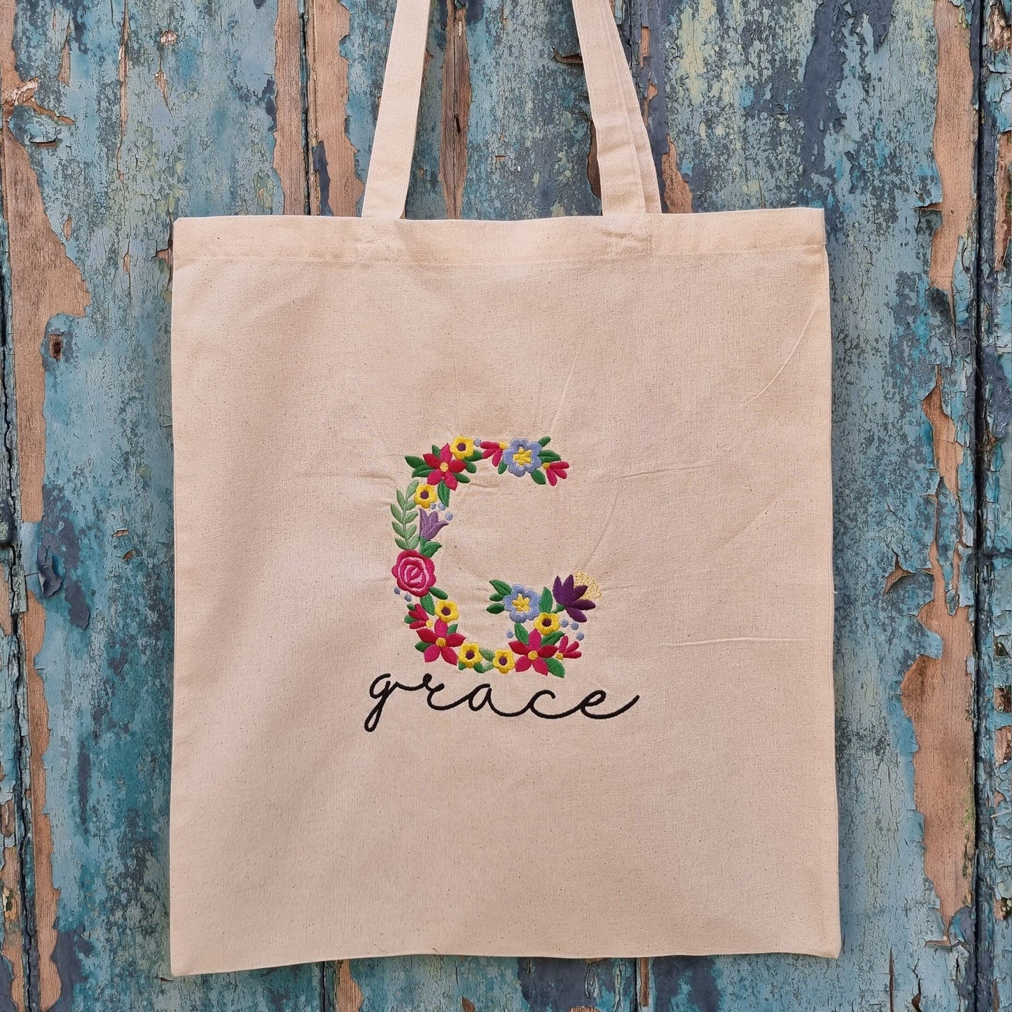 Floral Initial with Name | Embroidered Tote Bag