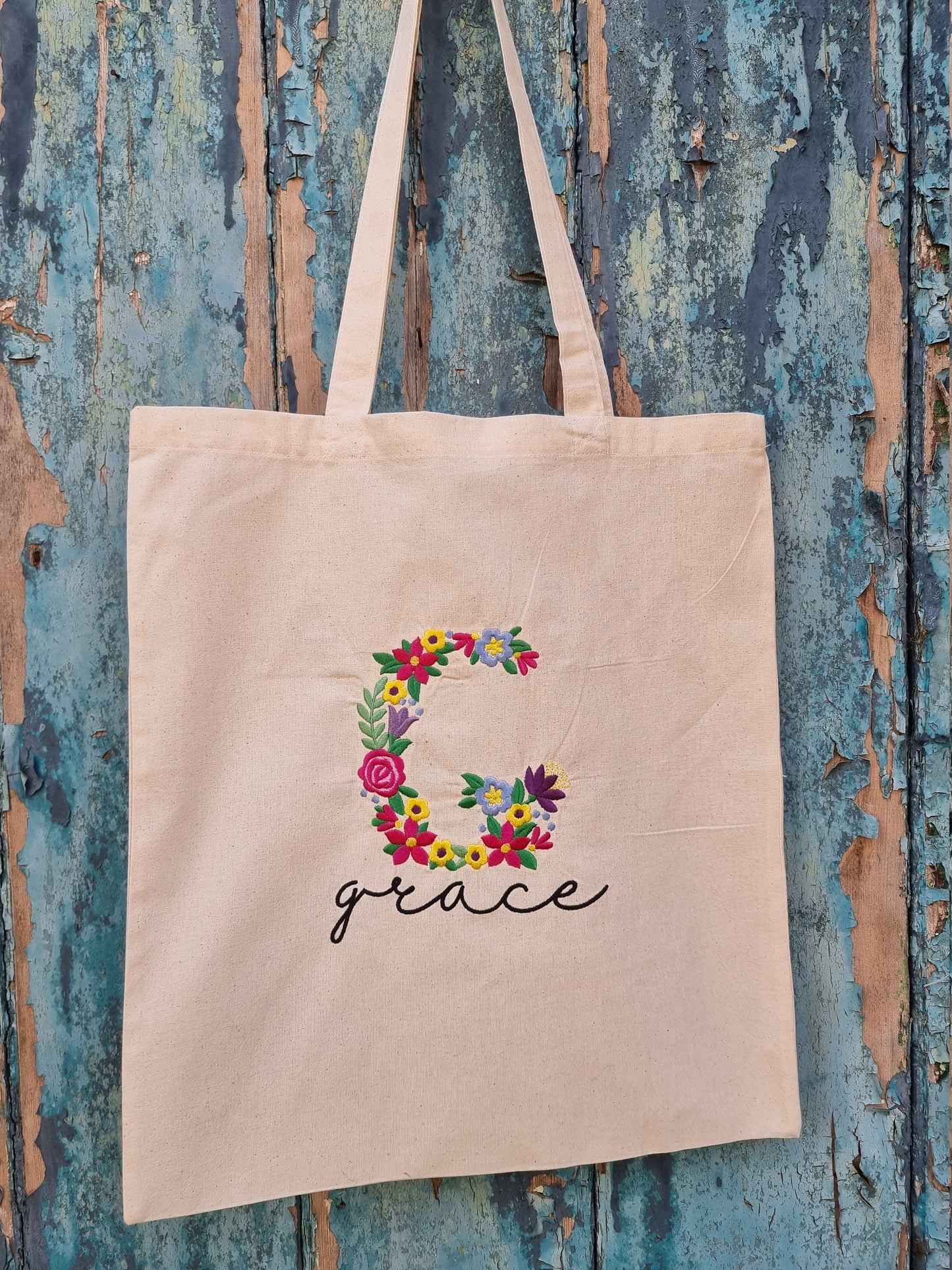 Floral Initial with Name | Embroidered Tote Bag