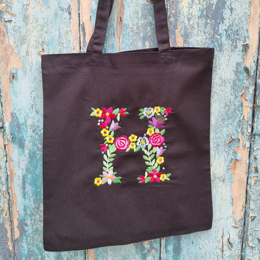 Floral Initial | Embroidered Tote Bag